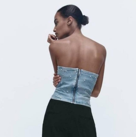 Zara Denim Top Jewel Corset Rhinestone size S - Picture 7 of 12